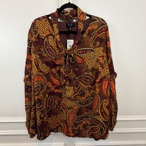 Jessica Simpson Penelope Blouse Deep Mahogany Paisley Tie Neck 3X 30203011-M41